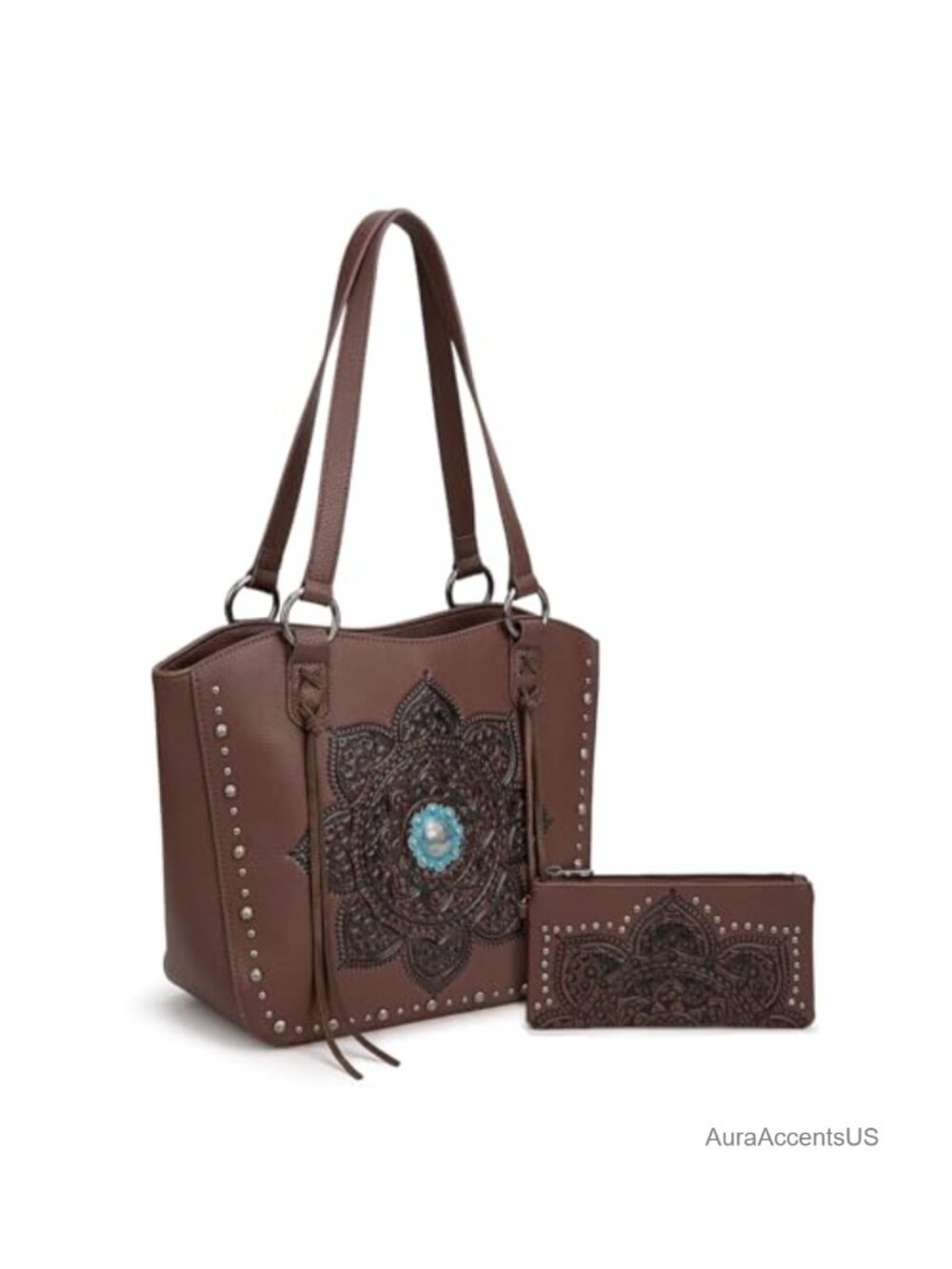 Western Tooling Tote Bag Wallet Set Studded Top Handle Shoulder Handbag